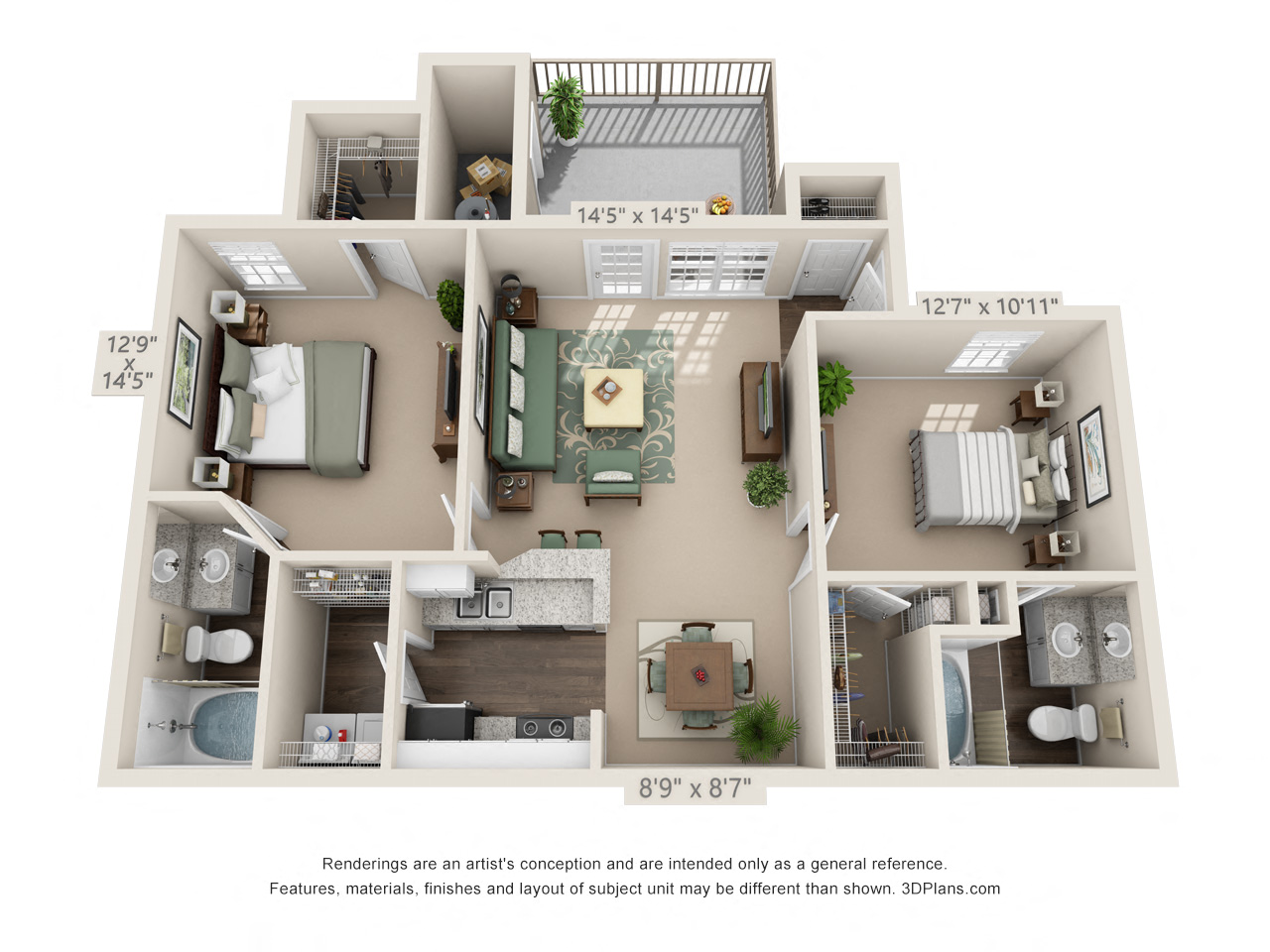 Floor plan for 2 beds, 2 baths, 1150 sqft